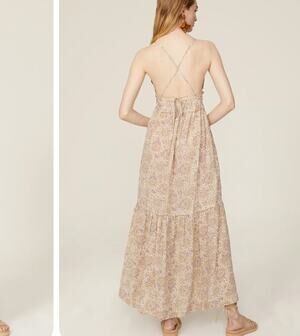 Vanessa Bruno Nude Paisley Sundress SIZE 10 Maxi Dress Silk Ruffle Backless $600